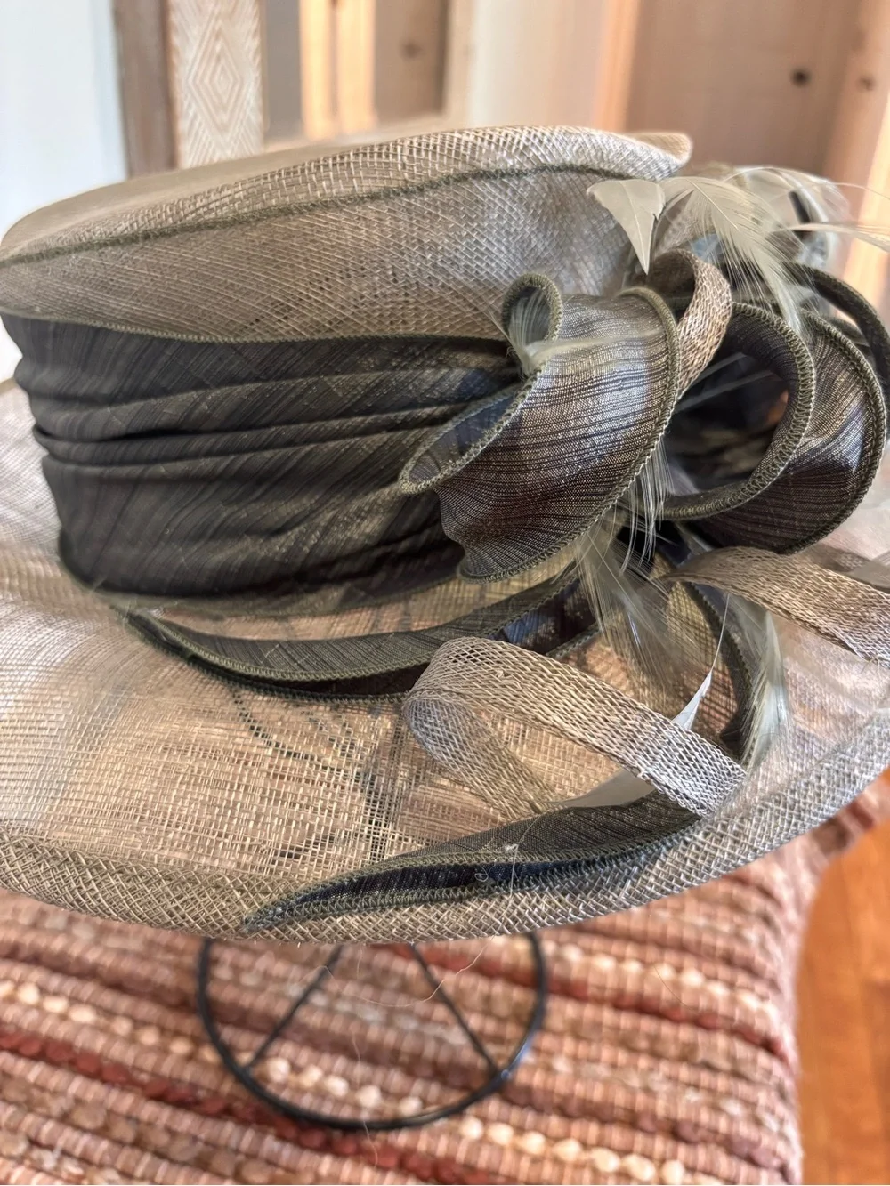 Hats by Katie Couture Sinamay Kentucky Derby Wedding Hat Taupe Brown Feather - Picture 5 of 8